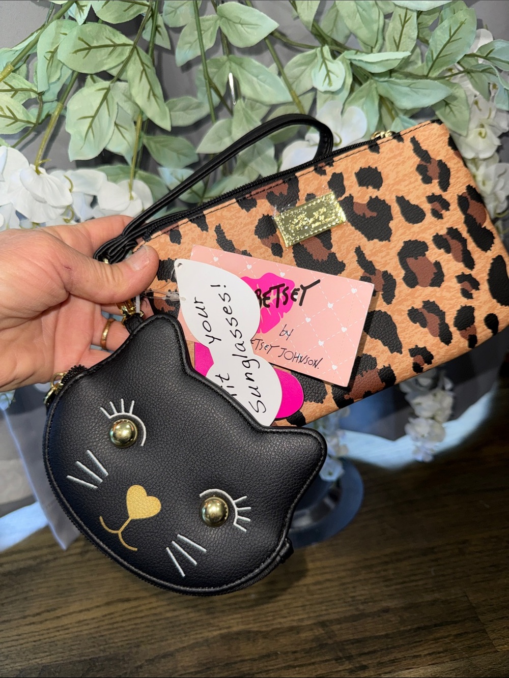 Betsey Johnson 2  Black Cat Coin Purse with Leopard Print Wristlet